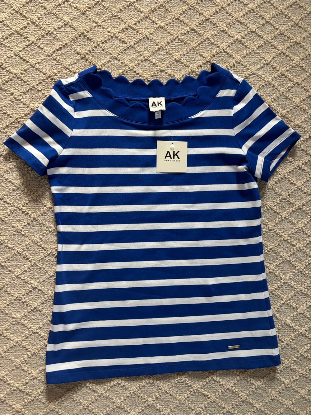NWT Anne Klein Blue & White Striped Short Sleeve Top
